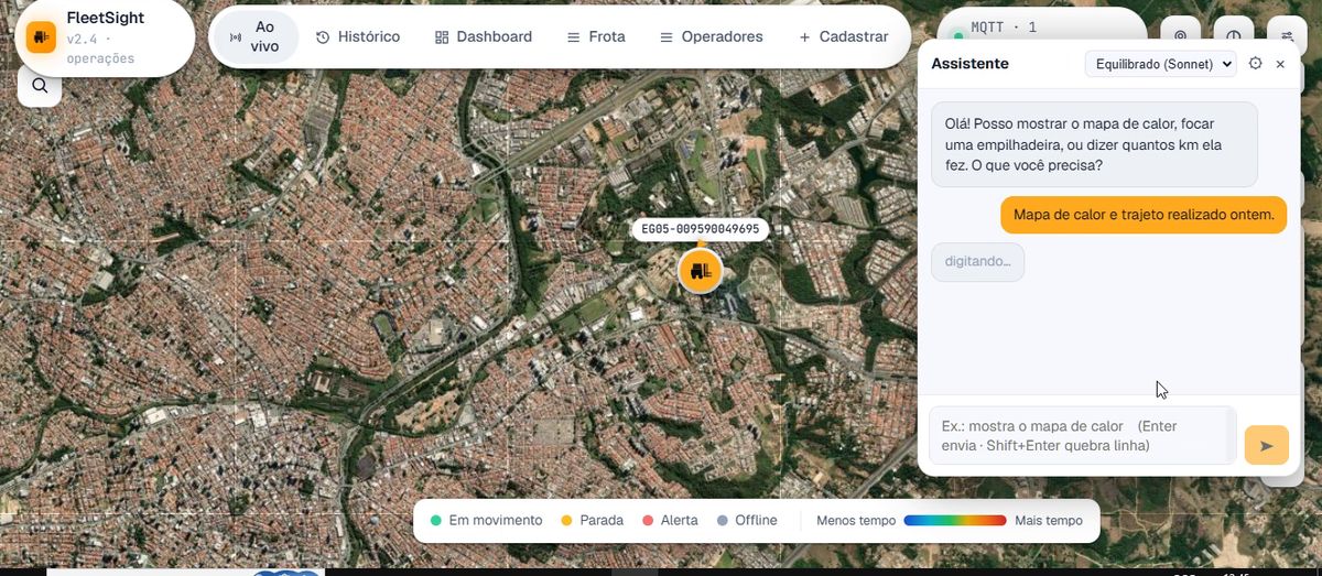 Tela real da plataforma FleetSight: mapa com a localização da empilhadeira e o assistente de IA respondendo em tempo real